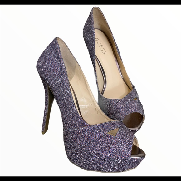 GUESS Isila Peep Toe Platform Pumps Purple Glitter Size 8 - Picture 5 of 16